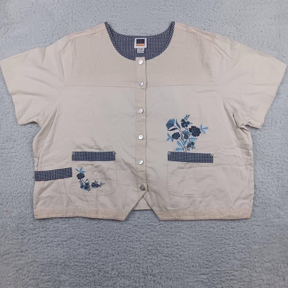 C.S.T. Sport Button Up Top Women 3X Beige Floral Embroidered Gingham Trim